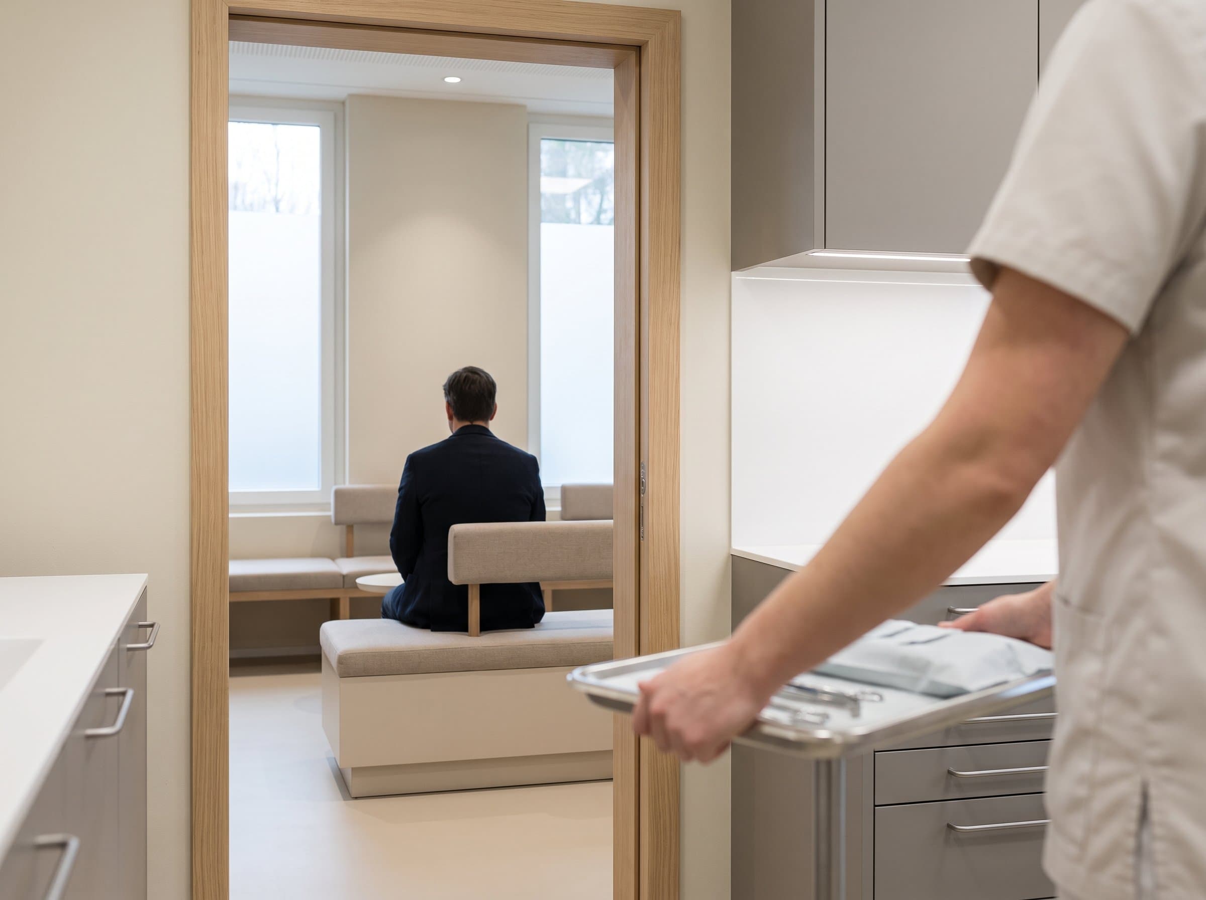 Blick durch die Tür ins ruhige Wartezimmer, dahinter trägt eine Assistentin ein Tablett