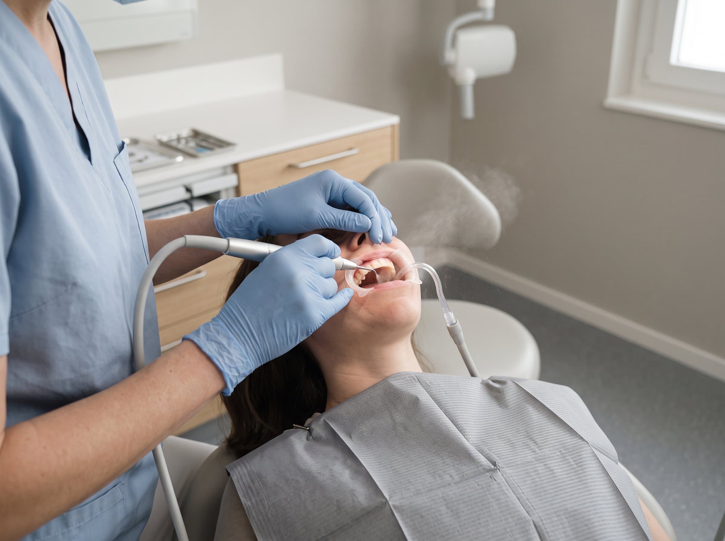 Bei der Dentalhygiene fährt der Ultraschall der Zahnfleischgrenze entlang