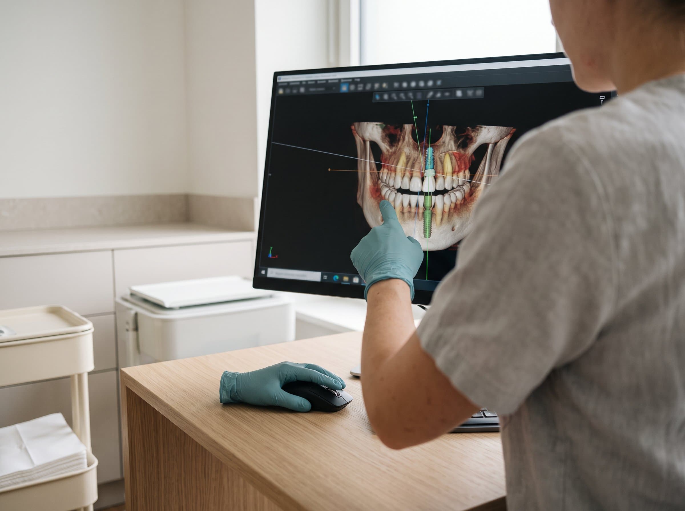 Am Bildschirm wird die Implantatachse auf einer dreidimensionalen Aufnahme nachgefahren